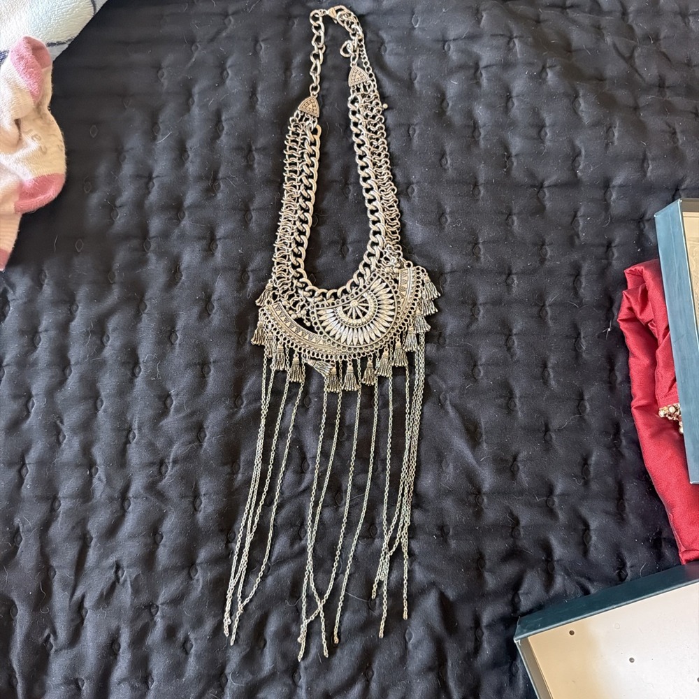 Bohemian Bib Multi Tiered Silver Chain & Rhinestone Necklace